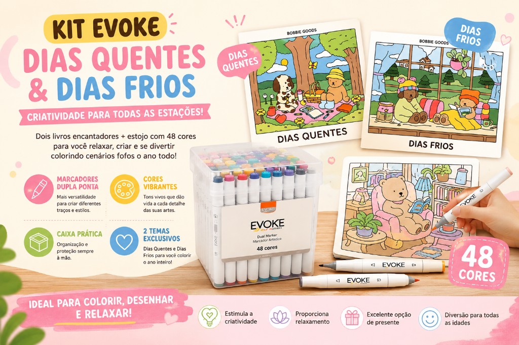 Kit Bobbie Goods Dias Quentes + Dias Frios + Estojo 48 Cores: criatividade, relaxamento e diversão em uma experiência completa de pintura